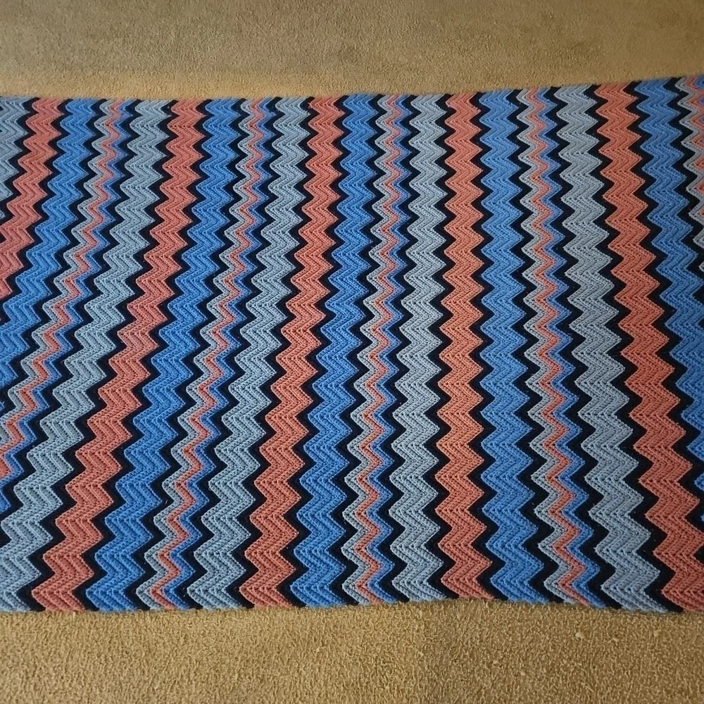 Vintage Handmade Chevron Crochet Blanket Blue Pink 1970s Afghan 95